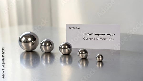 Obraz Shiny metal spheres of various sizes with a growth message