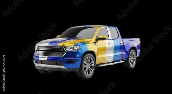 Fototapeta Colorful Pickup Truck on Black Background - A Striking Visual.