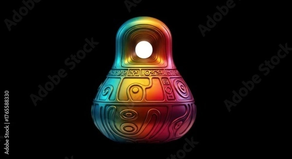 Fototapeta Vibrant Rainbow-Colored Ornamental Object with Intricate Carvings on Black Background.