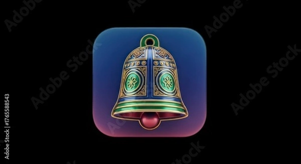 Fototapeta Elegant bell icon with intricate design and vibrant colors on dark background.
