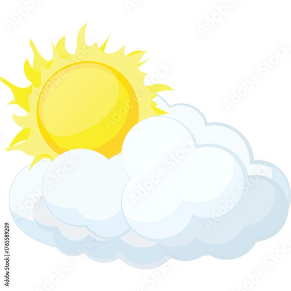 Obraz Cartoon Sun Behind White Fluffy Cloud on Transparent Background With Rays Of Light Shining Bright Yellow And White Colors