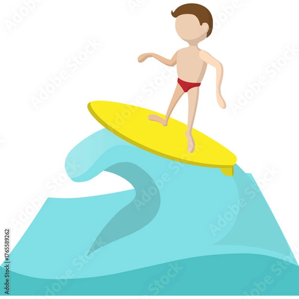 Fototapeta Cartoon Surfer Man Riding Yellow Surfboard on Blue Wave in Ocean Water Sport Theme Flat Vector Illustration