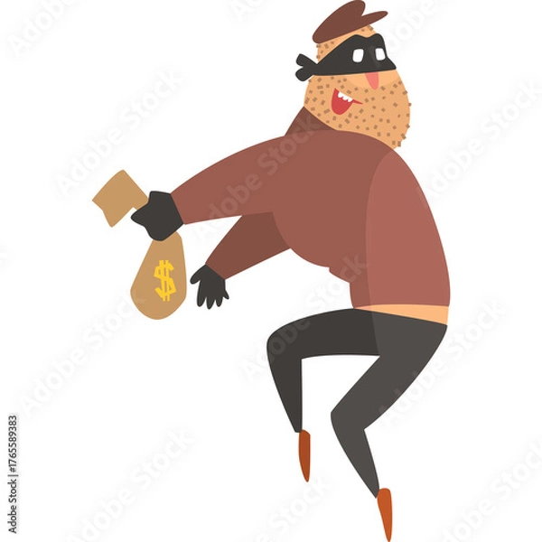 Obraz Cartoon Thief Character Wearing A Brown Jacket And Hat Stealing A Money Bag With A Dollar Sign In A Dynamic Pose Against A White Background