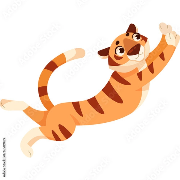 Obraz Cartoon Tiger Jumping Mid Air With Open Paws and Stripes on Orange Fur White Background