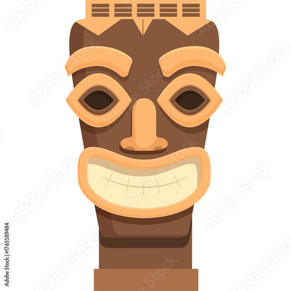 Obraz Cartoon TIKI Idol Head With A Wide Smile And Big Eyes On A Transparent Background Stylized Sculpture With Ancient Tribal Art Elements And Brown Orange Colors