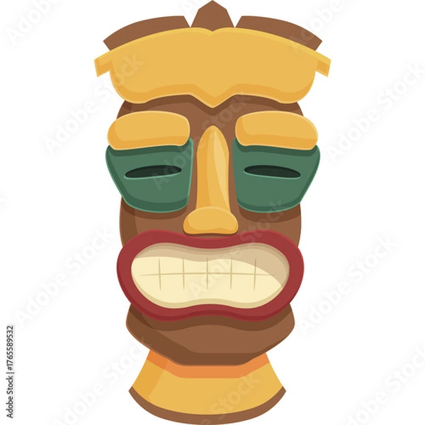 Obraz Cartoon Tiki Idol Mask With Brown Face Green Eyes Yellow Accents And Red Mouth Against A White Background