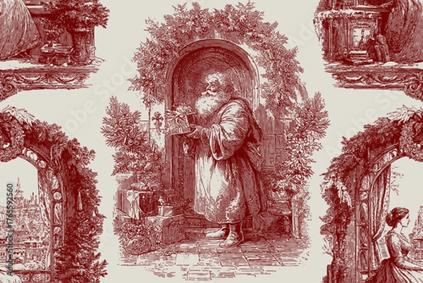 Obraz Traditional European Christmas scenes. Seamless vector pattern. Vintage engraving or ink drawing style vector illustration.