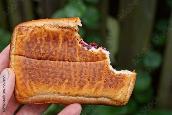 Fototapeta hand holding one brown piece of pie with red jam on green background on summer street