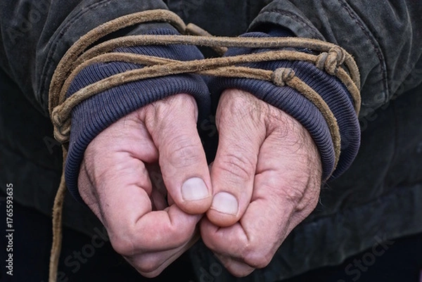Fototapeta The hands of a man in black and blue clothes are tied with a brown rope on an autumn street