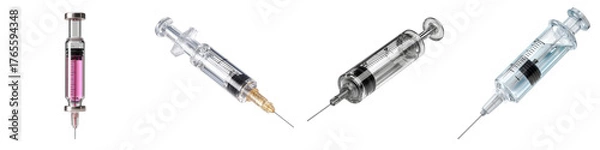 Fototapeta collection of medical syringes filled with colored liquids on transparent background