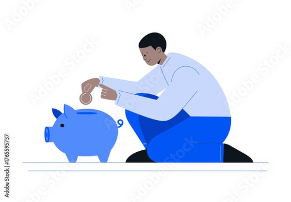 Fototapeta 
Flat illustration of a person putting coins into a piggy bank, with a flat vector design and a white background.