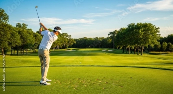 Fototapeta Male golfer in a white shirt takes a powerful swing on a lush green fairway under a blue sky. Concept of professional sport, outdoor recreation, active lifestyle, and leisure.