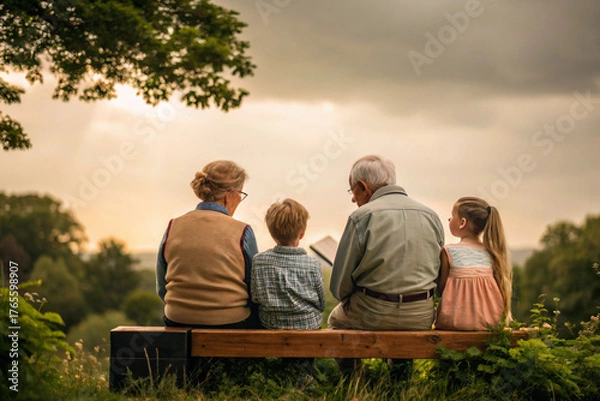 Obraz Family Bond Two Children Read with Grandparents on Park Bench at Sunset