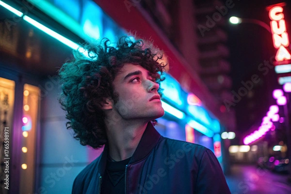 Obraz Pensive young man with curly hair stands amidst the vivid, colorful glow of urban neon lights, reflecting the dynamic energy and thoughtful mood of a modern city night