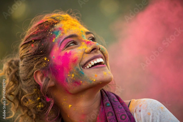 Obraz A vibrant portrait of a young woman's infectious joy, her face adorned with an array of festive colored powder, symbolizing happiness and cultural celebration