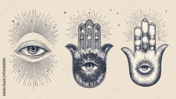 Obraz Vintage engraved mystical symbols set: all-seeing eye, hamsa hands with third eye. Esoteric protection, spiritual illustration on light background.