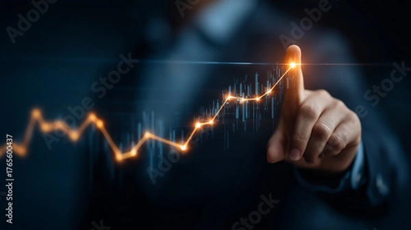 Fototapeta A person pointing at a glowing line graph with an upward trend on a dark blue background