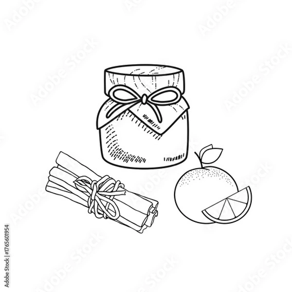 Fototapeta Jam Jar with Cinnamon and Orange on Transparent Background – Hand Drawn Vector. Elegant hand-drawn jam jar with cinnamon sticks and sliced orange. Perfect for winter recipes, kitchen labels, packaging