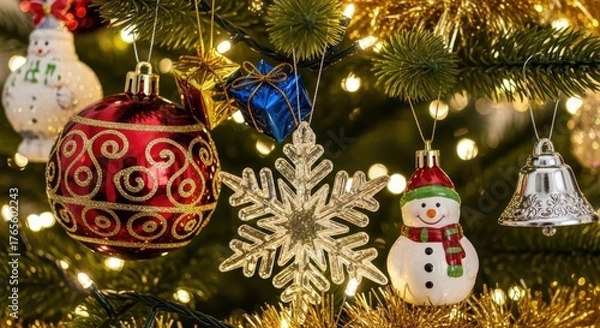 Fototapeta Christmas tree with ornaments and holiday decorations isolated PNG with Transparent Background