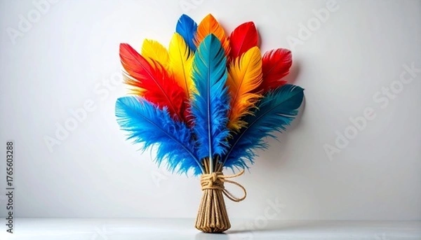 Fototapeta Colorful feathers fanned and tied with twine on light background.