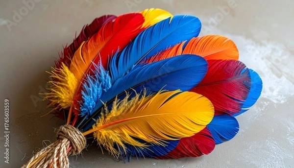 Fototapeta Colorful feathers fanned and tied with twine on light background.