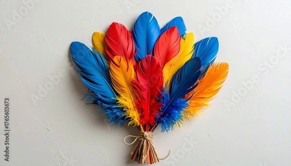 Fototapeta Colorful feathers fanned and tied with twine on light background.
