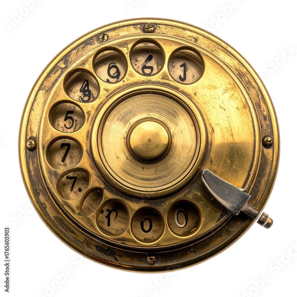 Fototapeta Close-up of a vintage brass rotary phone dial with numbers and finger stop