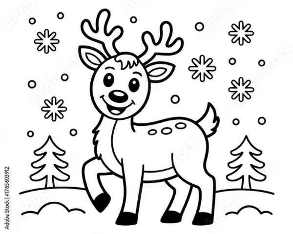 Obraz A cute cartoon reindeer surrounded by snow, trees, and snowflakes, Christmas coloring page for kids’ holiday fun