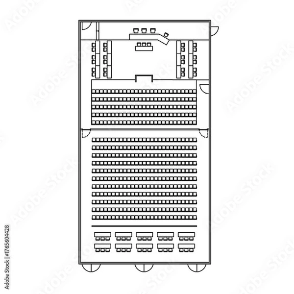 Fototapeta Architectural plan illustration of a massive courtroom layout of 500 square meters trial area.  Place for judge, defense, prosecution and spectators.  Law justice, public process. Monochrome image.