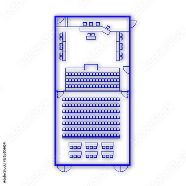 Fototapeta Architectural plan illustration of a large courtroom layout of 300m² trial area. Place for judge, defense, prosecution and spectators. Law justice, public process. Blue lines on white background