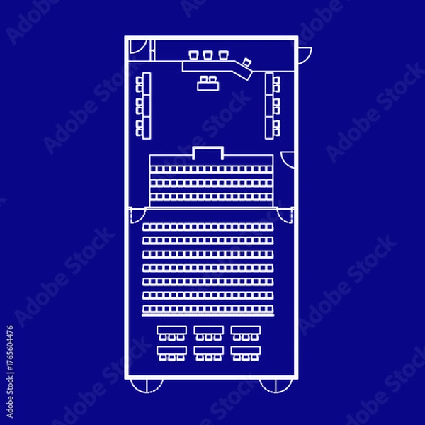 Fototapeta Architectural plan illustration of a large courtroom layout of 300 square meters trial area. Place for judge, defense, prosecution and spectators. Law justice, public process. Image in blueprint style