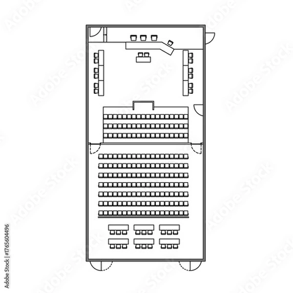 Fototapeta Architectural plan illustration of a large courtroom layout of 300 square meters trial area.  Place for judge, defense, prosecution and spectators.  Law justice, public process. Monochrome image.