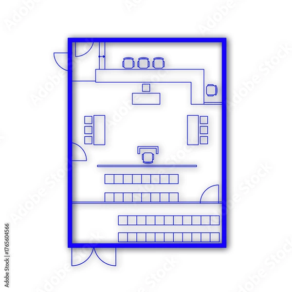 Fototapeta Architectural plan illustration of a courtroom layout of 100 m² trial area. Place for judge, defense, prosecution and spectators. Law justice, public process. Blue lines on white background.