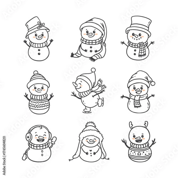 Obraz set of cartoon christmas snowmans in doodle style. Funny snowman wearing hat, scarf on white background. Xmas card.