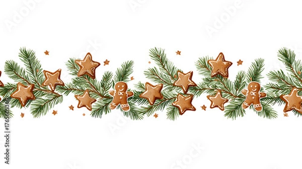 Obraz A horizontal border of vector Christmas branches, decorated with tiny gingerbread men and star cookies. Charming and decorative graphic, EPS 10 style, isolated on white background.