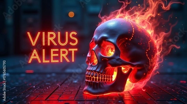 Fototapeta A glowing skull surrounded by fiery effects, symbolizing danger and alertness with the text 'VIRUS ALERT' in bold neon.