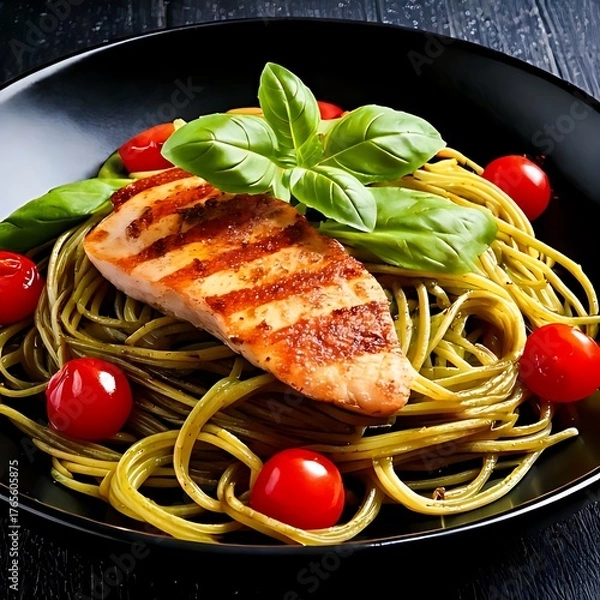 Obraz Black plate, grilled chicken breast, fresh tomatoes, basil leaves, and green spaghetti