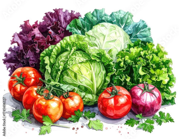 Fototapeta Watercolor illustration of fresh, colorful vegetables artfully arranged