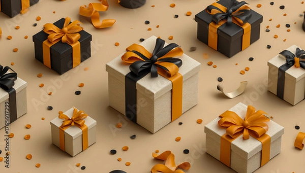 Obraz Festive gift boxes with orange and black ribbons and confetti scattered around
