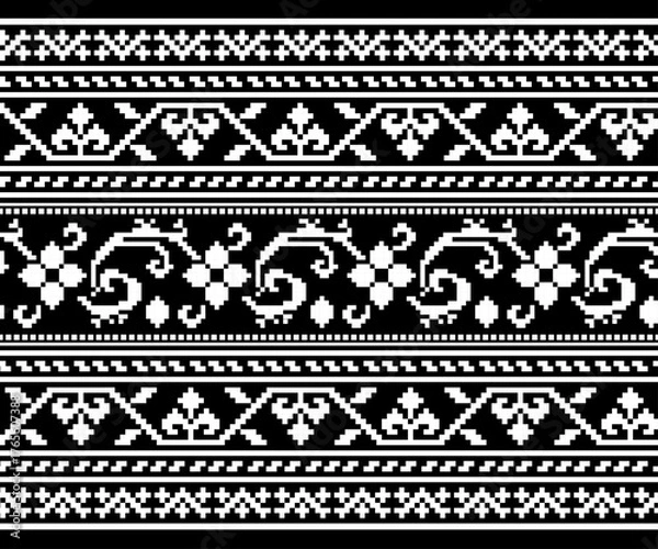 Fototapeta Various patterns on black background in geometric shapes, seamless horizontal, designed for decoration, background, fabric, clothing.