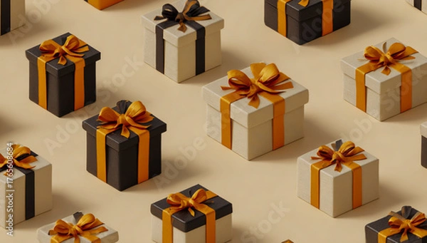 Fototapeta Seamless pattern of gift boxes with orange and black stripes and ribbon bows