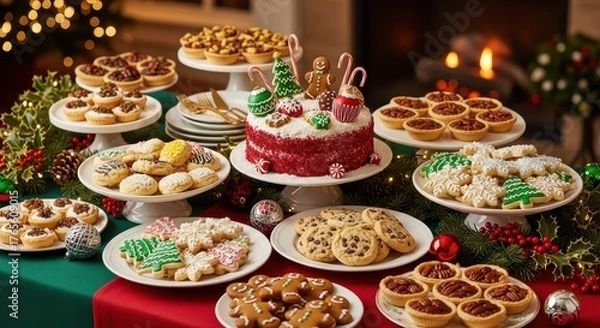 Fototapeta Festive Christmas dessert table with assorted cookies and cake