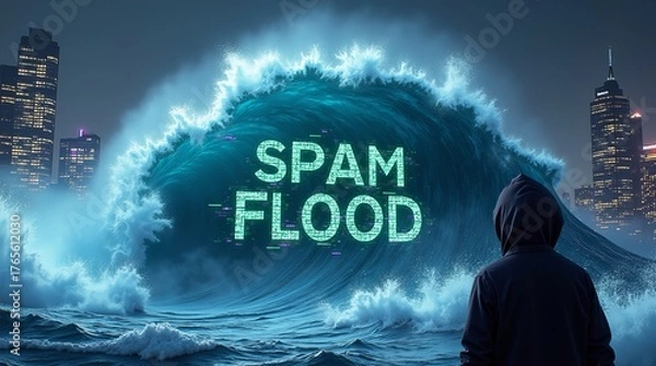 Fototapeta A young male in a hoodie stands before a massive digital wave labeled 'SPAM FLOOD', contrasting technology and nature in a cityscape.