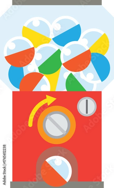 Fototapeta カプセルトイマシンのフラットイラスト – ガチャガチャのカプセルと赤い本体のかわいいデザイン