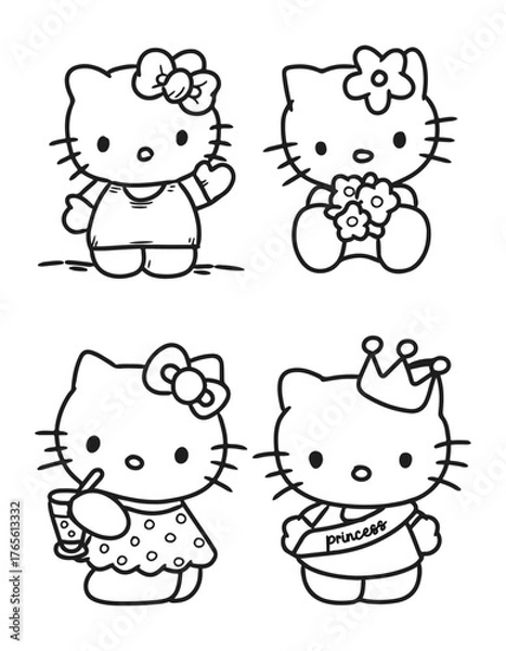 Fototapeta Set of cute kawaii cat character outlines for coloring book pages. Vector illustration collection for kids.