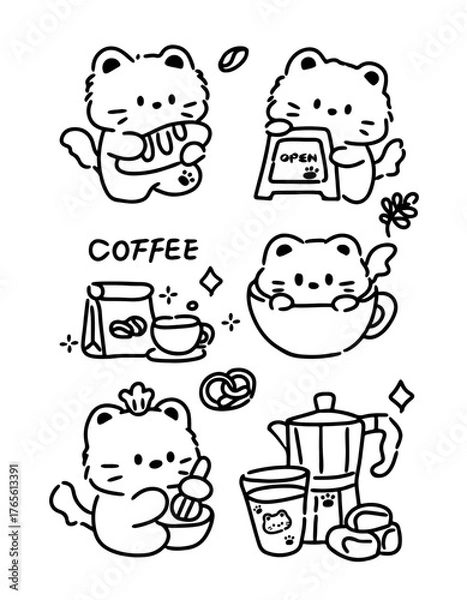 Fototapeta Cute cat coffee shop doodle vector set. Kawaii kitten character line art illustrations for cafe menu.