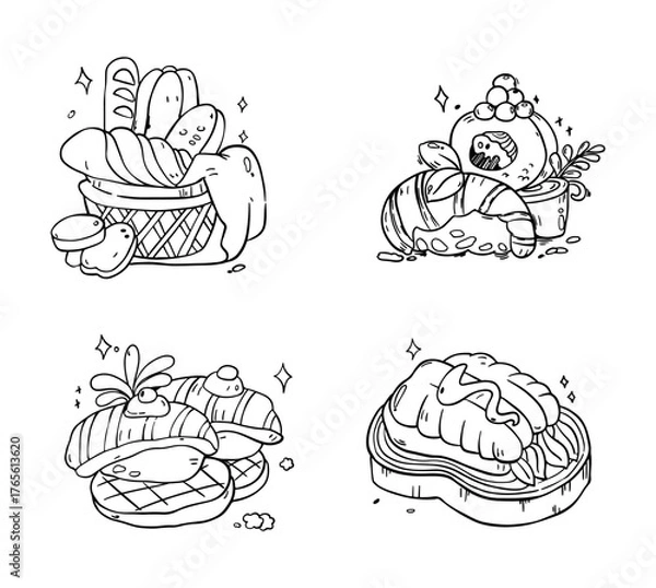 Fototapeta Collection of hand-drawn food doodles. Black and white vector illustration set for menu or coloring.