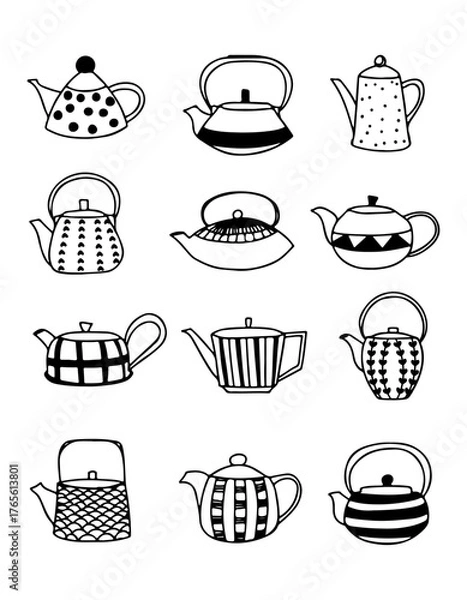 Fototapeta Hand-drawn doodle teapot and kettle collection. Vector illustration icon set on white background.