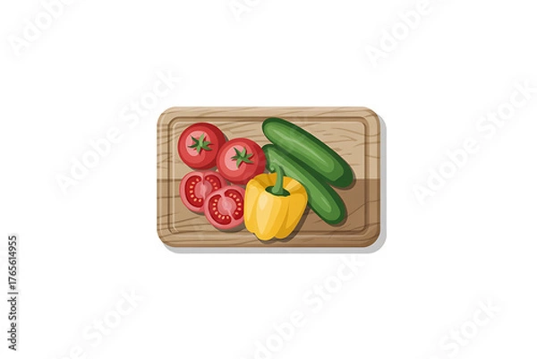 Fototapeta Fresh tomatoes, cucumber, and yellow pepper arranged on a rustic wooden cutting board.