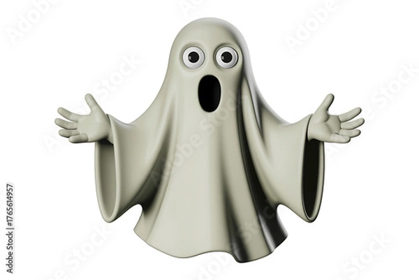 Fototapeta A surprised, cartoonish ghost with wide eyes and outstretched arms conveys a playful fright.